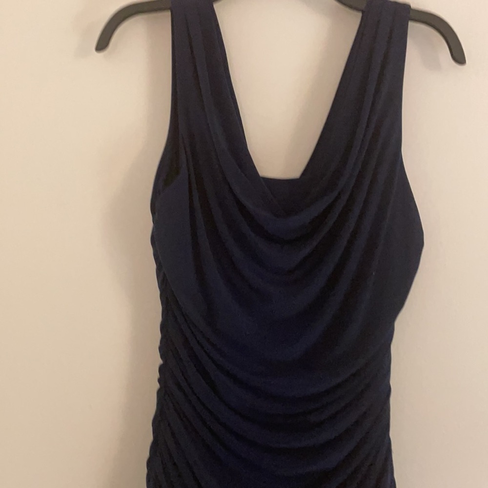 Ruched gown in navy blue.